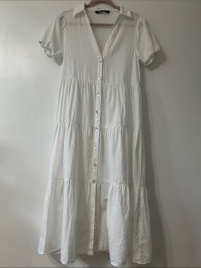 Zara Dress Linen Maxi Medium White Button-Front Tiered Cottagecore Puff Sleeve